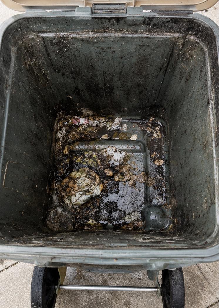 Looking down into a wheelie bin before cleaning: the walls and base are coated in dark grime, with rotting food waste and standing liquid pooled around the base.